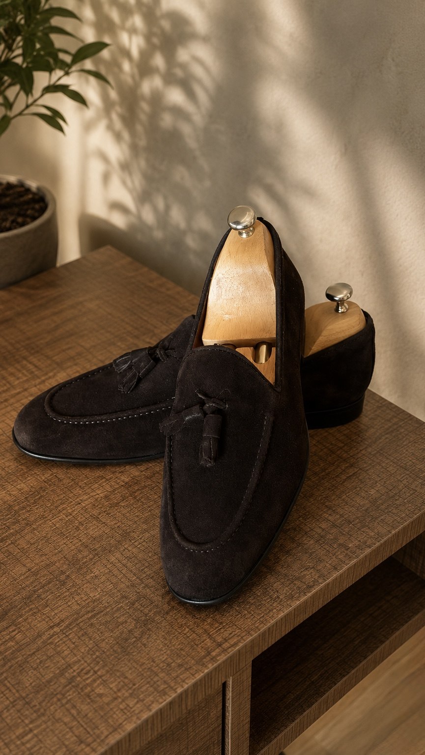 Brown suede men's loafer, angled front view