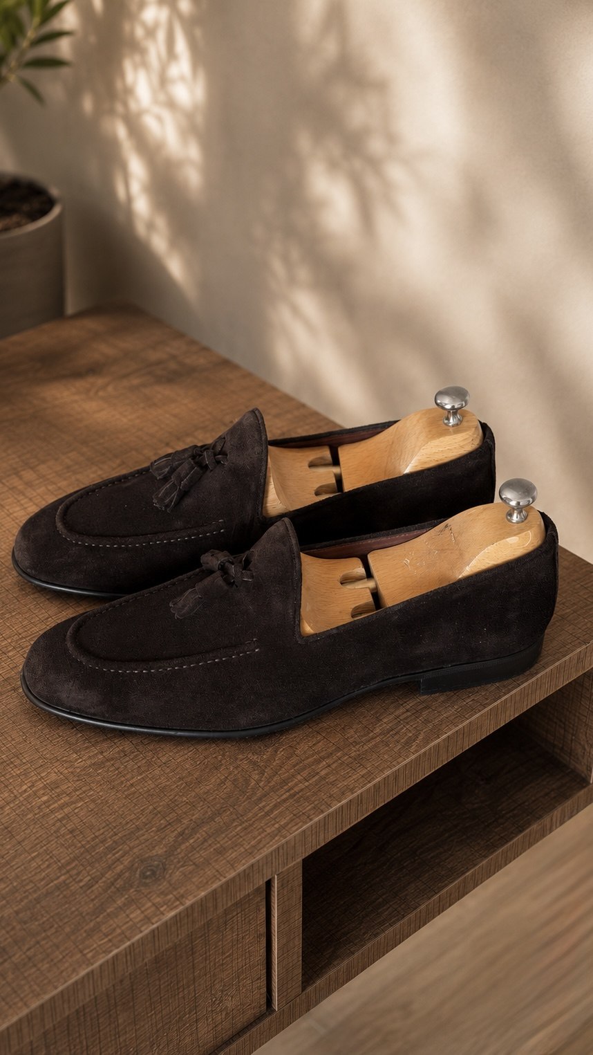 Men's brown suede slip-on loafer, heel and profile view