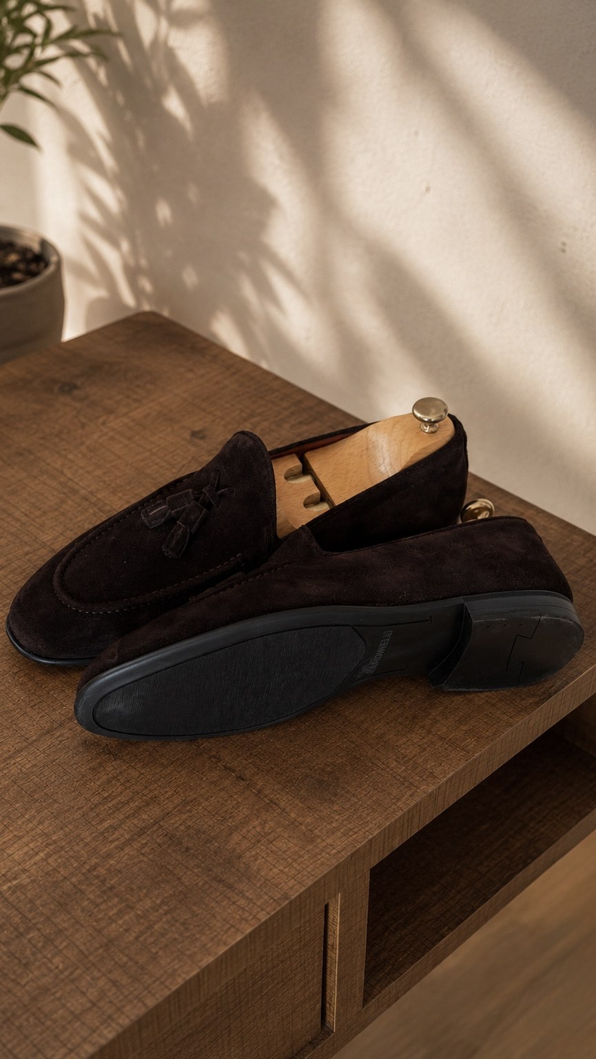 Men's brown suede loafer, slip-on style, side view