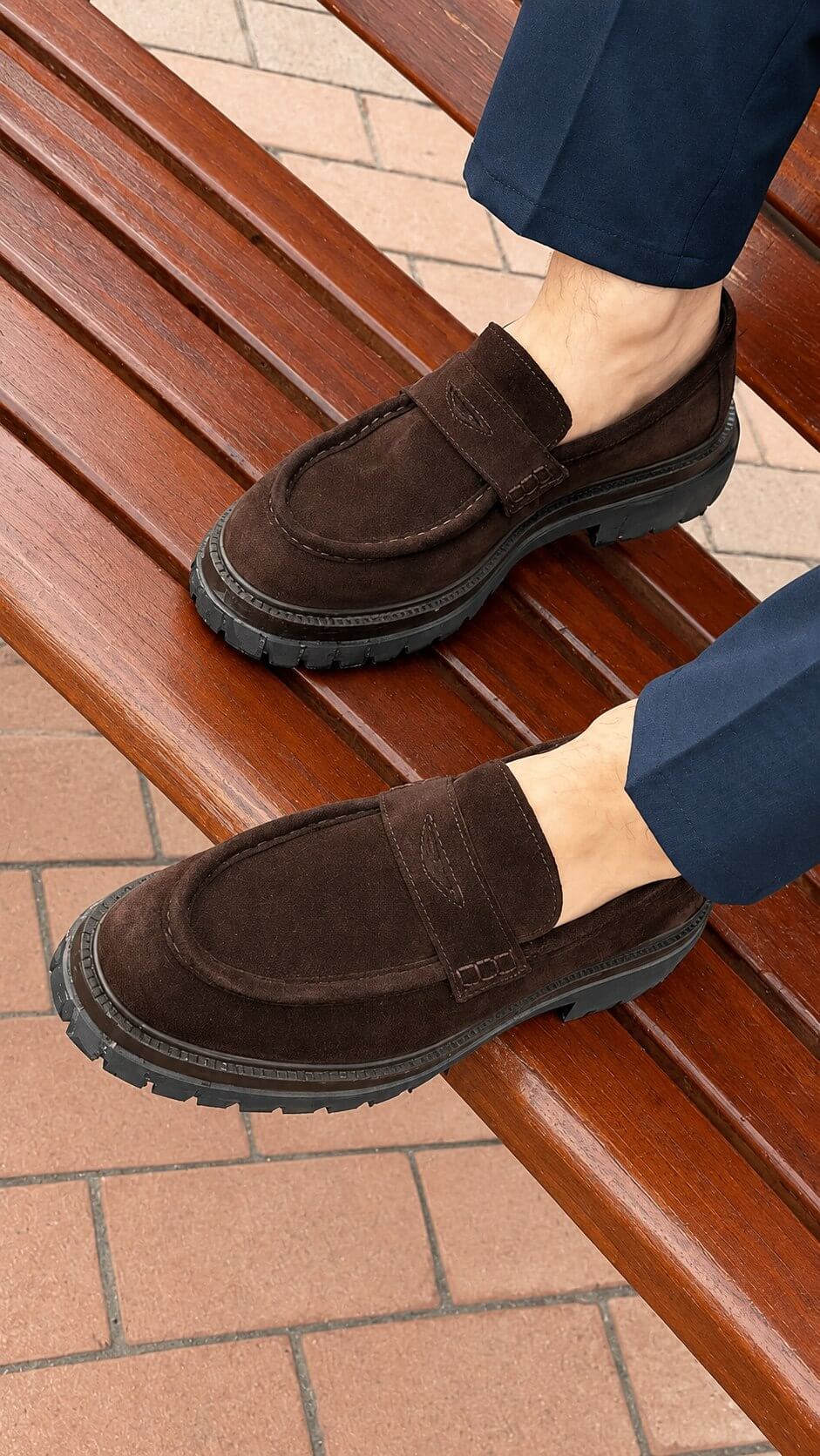 Men's brown suede penny loafer with penny slot strap, side view
