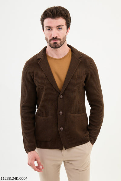 Men's Brown Textured Button-Up Cardigan Sweater HolloMen Men's Brown Textured Button-Up Cardigan Sweater HolloMen