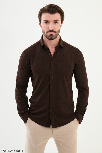 Men's Brown Textured Button-Up Shirt. HolloMen Men's Brown Textured Button-Up Shirt. HolloMen