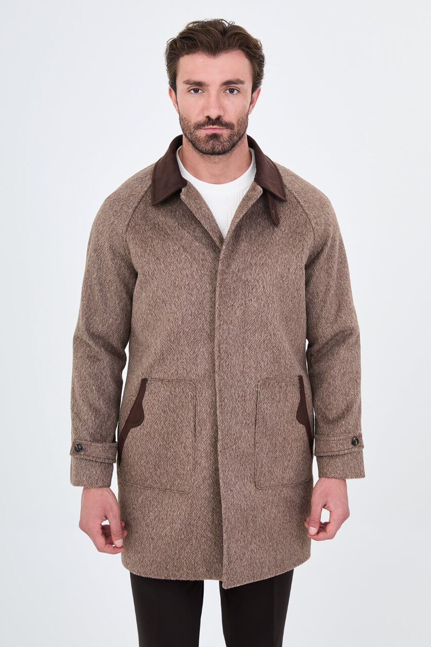 HolloMen men's brown textured wool-blend overcoat with contrasting dark brown collar, raglan sleeves, and front patch pockets.