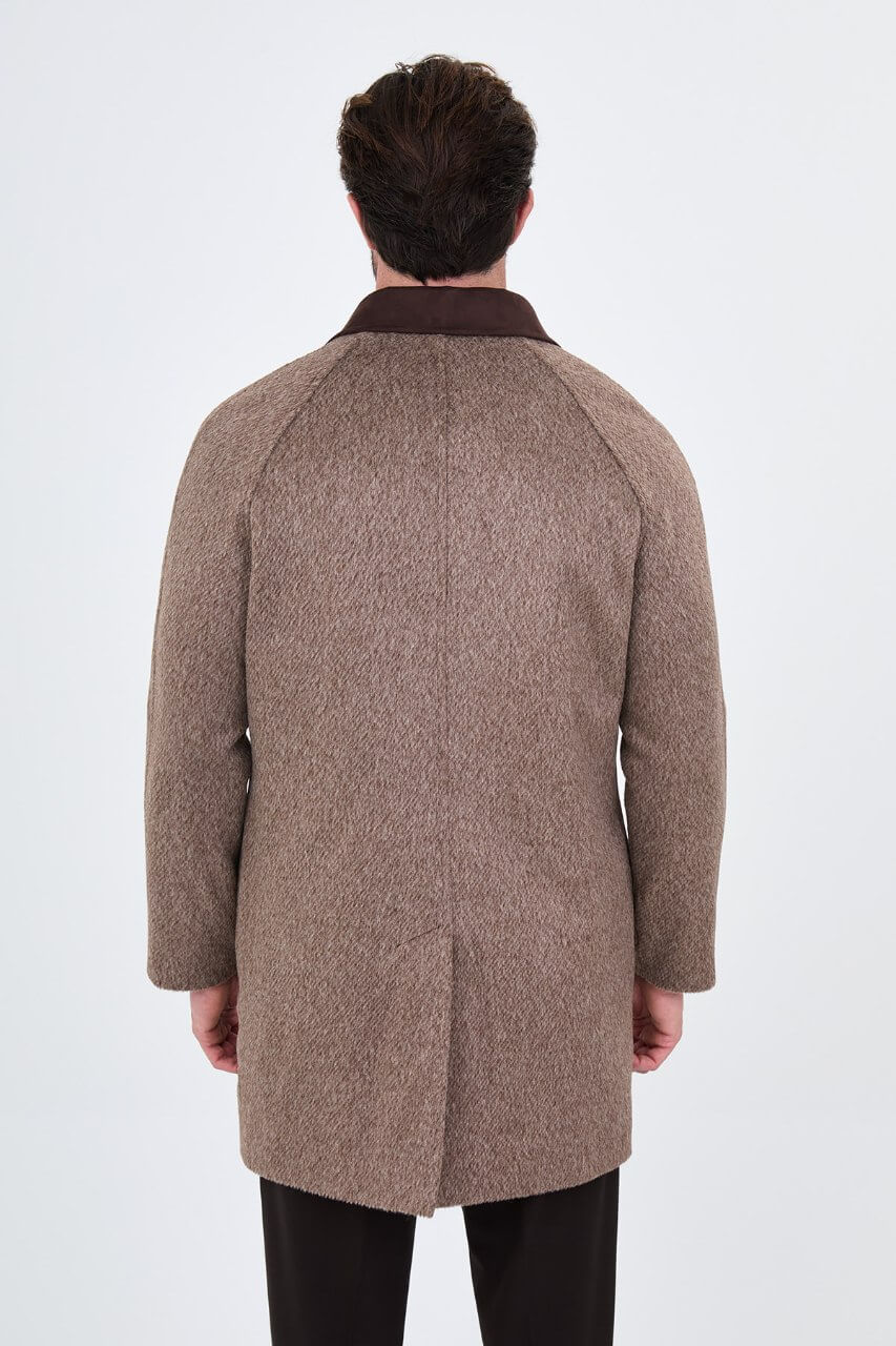 HolloMen men's brown textured wool-blend overcoat with contrasting dark brown collar, raglan sleeves, and front patch pockets.