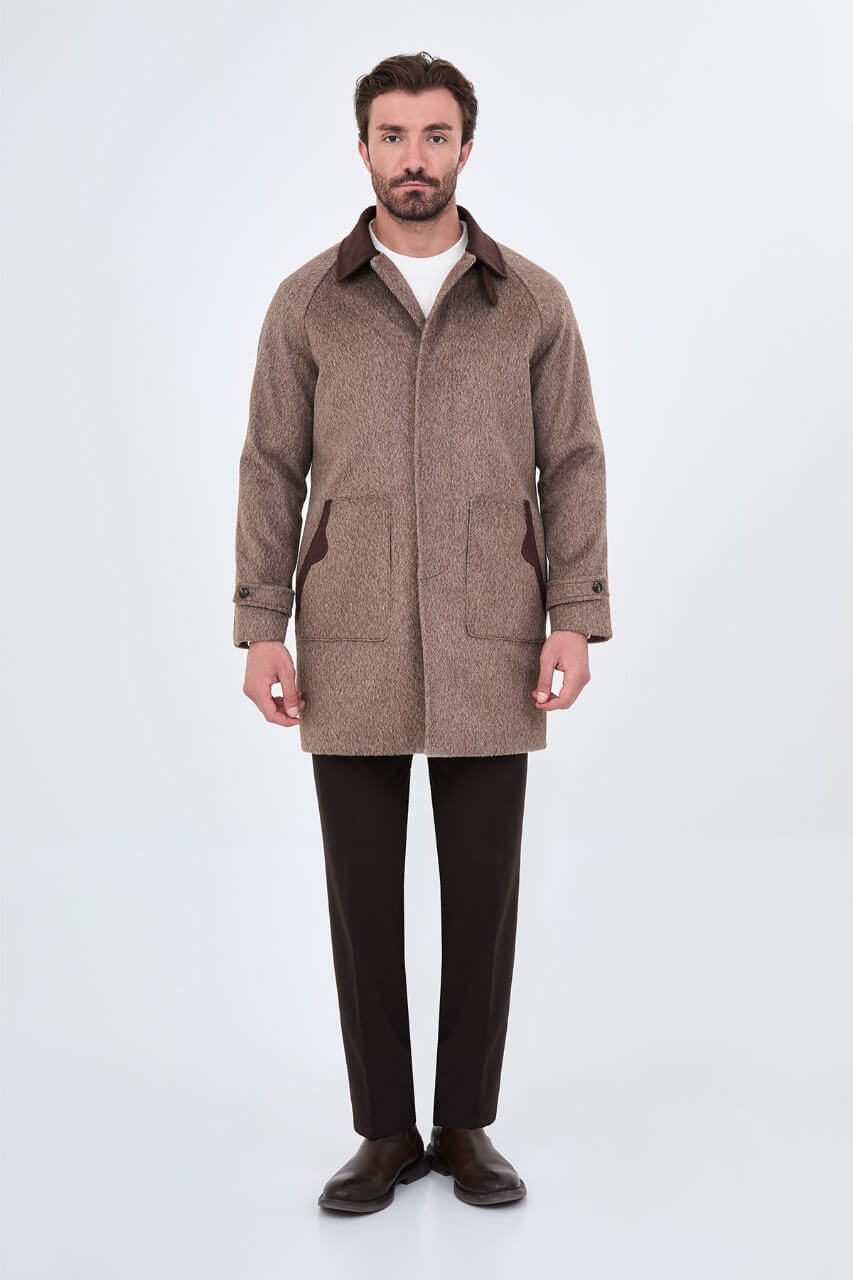 HolloMen men's brown textured wool-blend overcoat with contrasting dark brown collar, raglan sleeves, and front patch pockets.