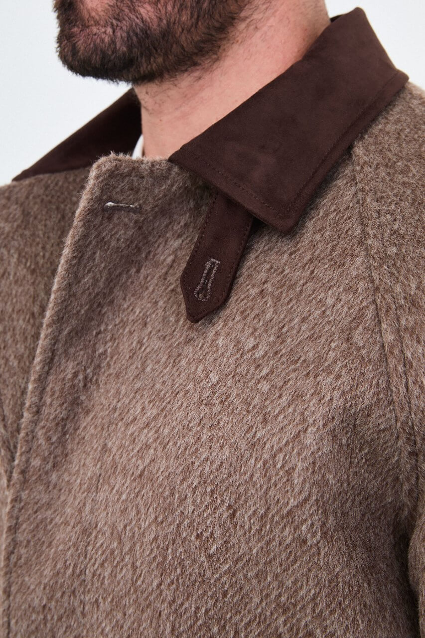 HolloMen men's brown textured wool-blend overcoat with contrasting dark brown collar, raglan sleeves, and front patch pockets.