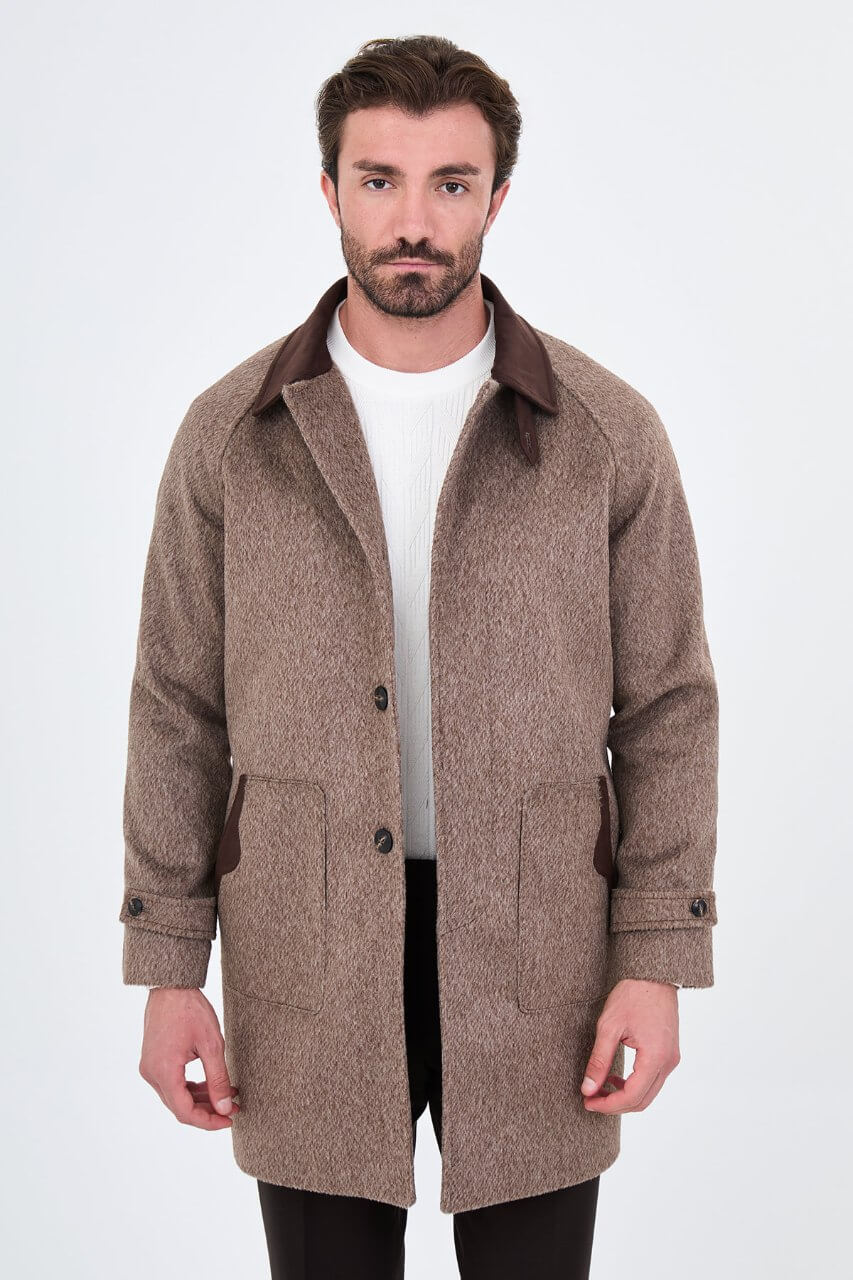 HolloMen men's brown textured wool-blend overcoat with contrasting dark brown collar, raglan sleeves, and front patch pockets.