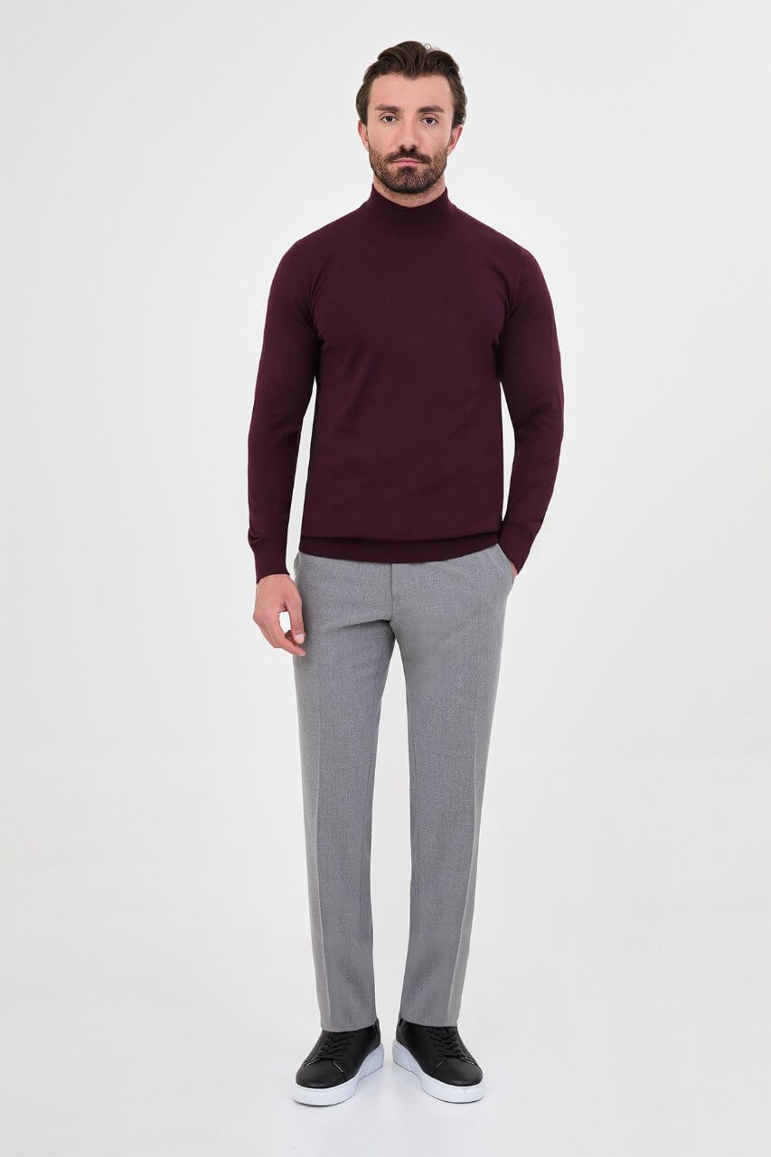 Men's burgundy cashmere blend mock neck knit sweater slim fit fall winter menswear