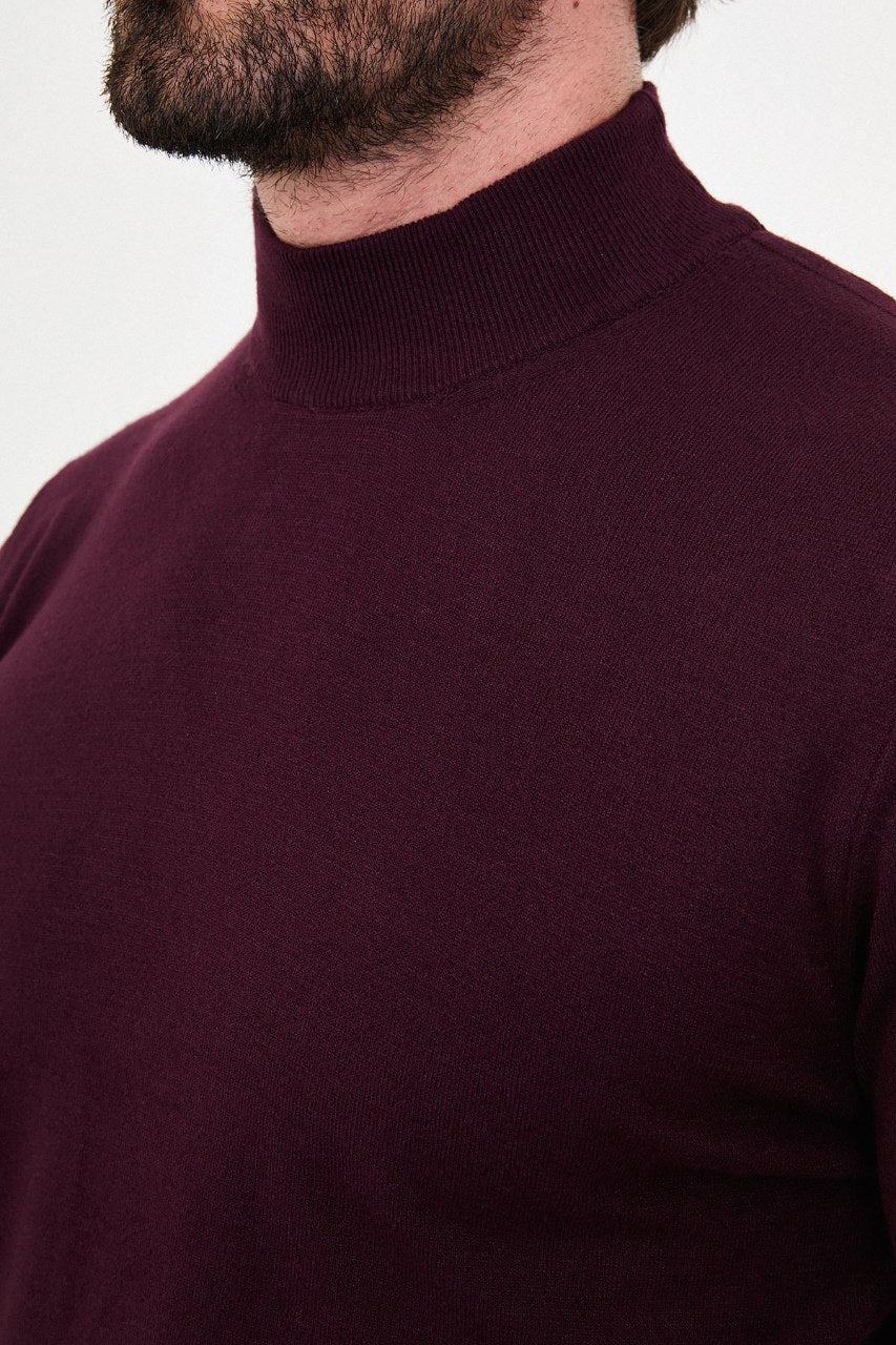 Men's burgundy cashmere blend mock neck knit sweater slim fit fall winter menswear
