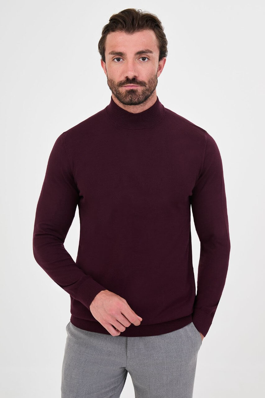 Men's burgundy cashmere blend mock neck knit sweater slim fit fall winter menswear