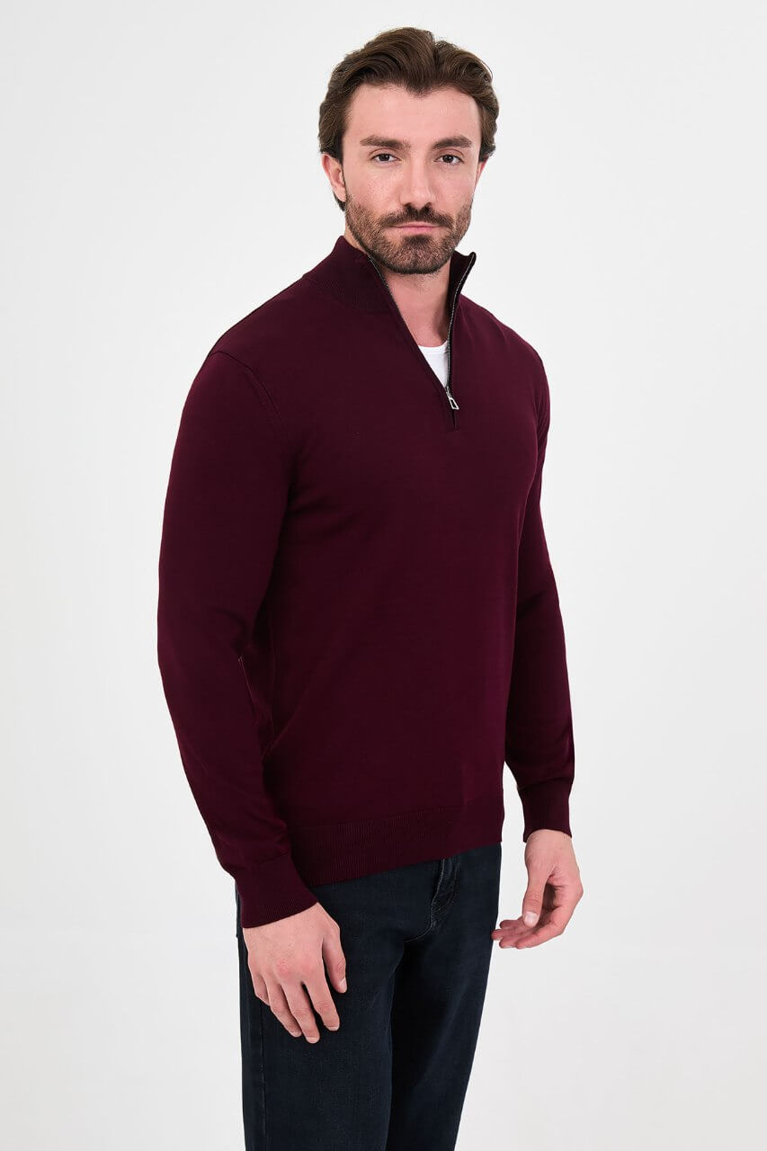 Men's burgundy textured crew neck knit sweater for fall winter menswear.