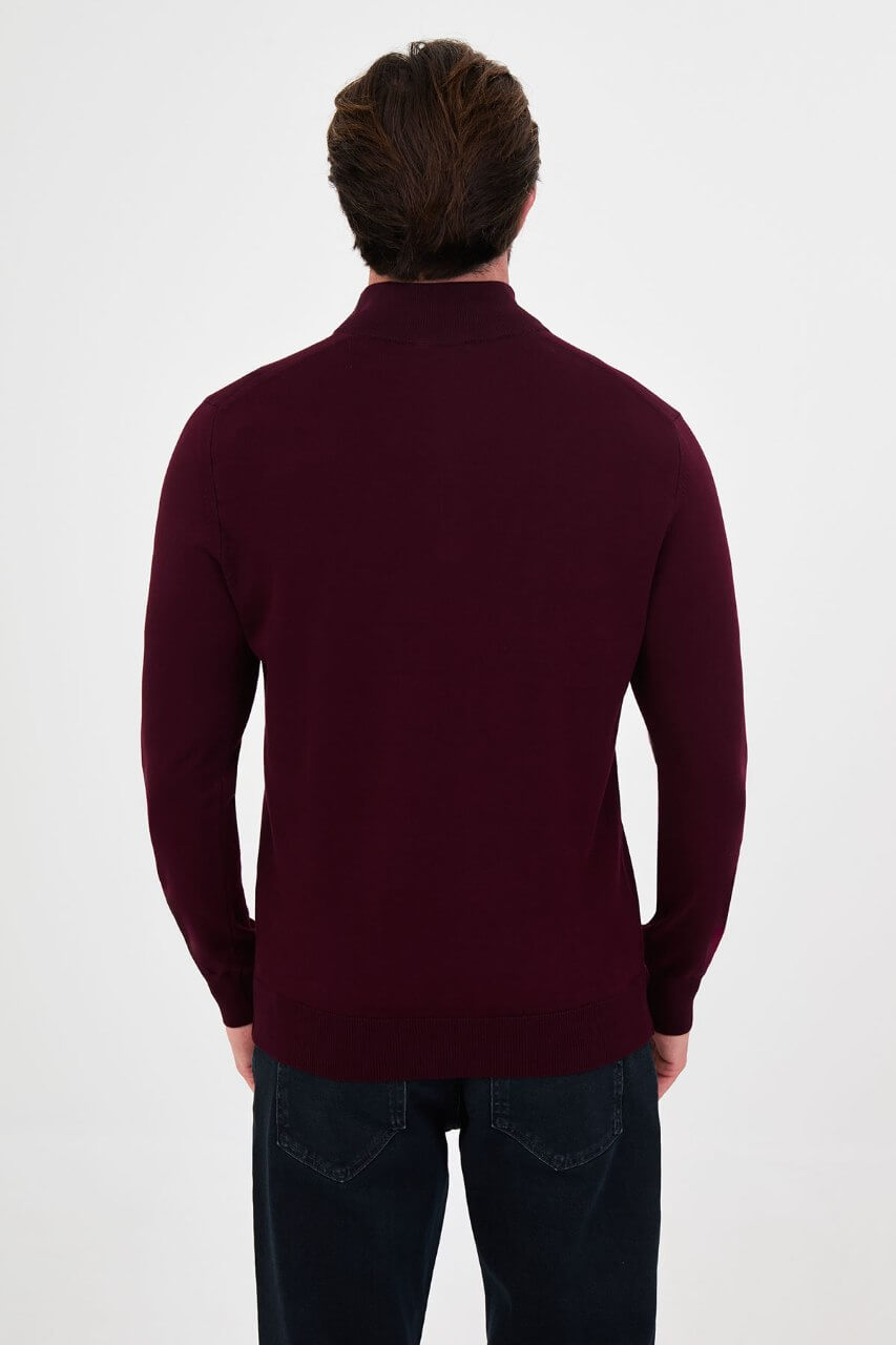 Men's burgundy textured crew neck knit sweater for fall winter menswear.