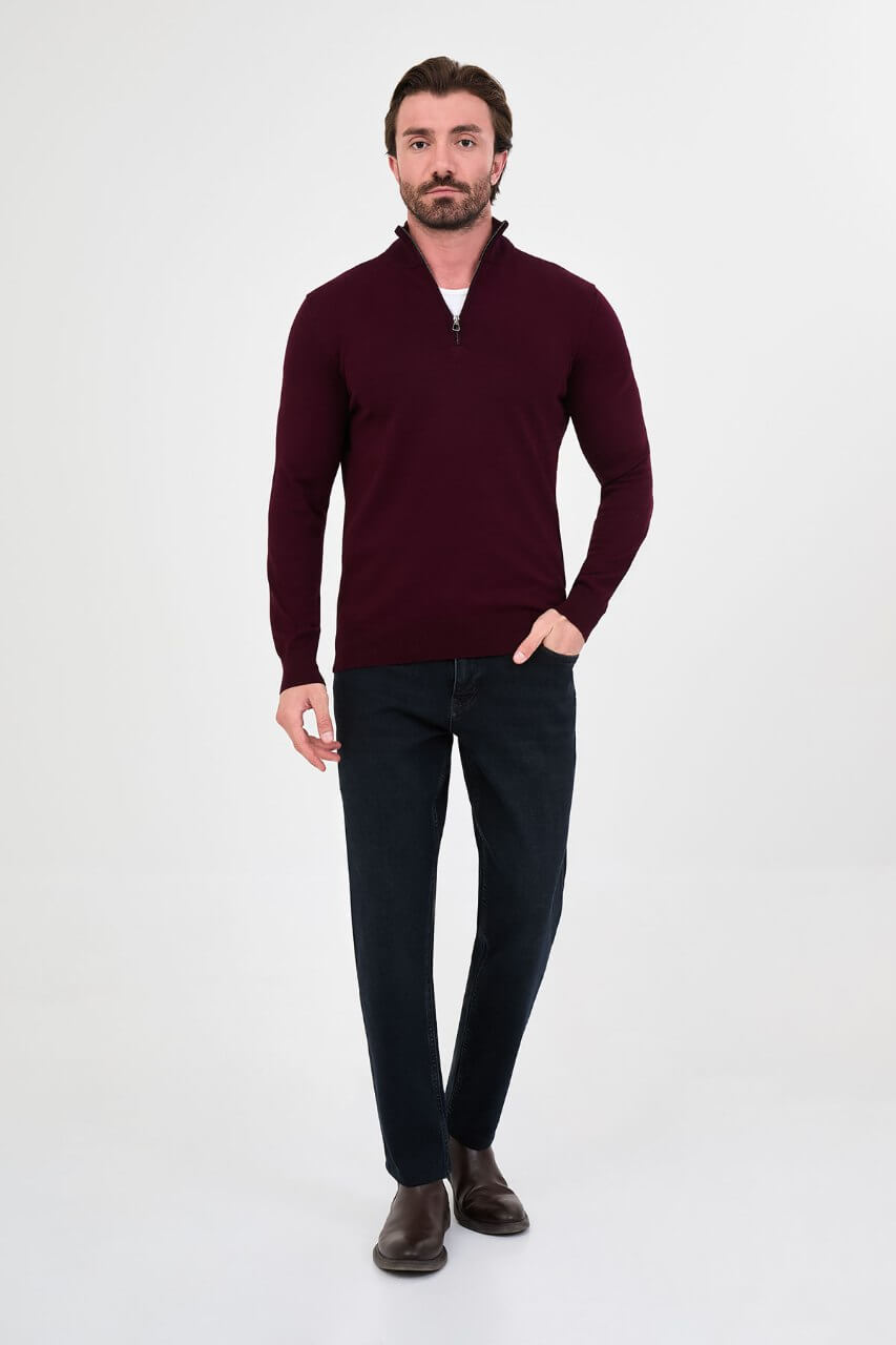 Men's burgundy textured crew neck knit sweater for fall winter menswear.