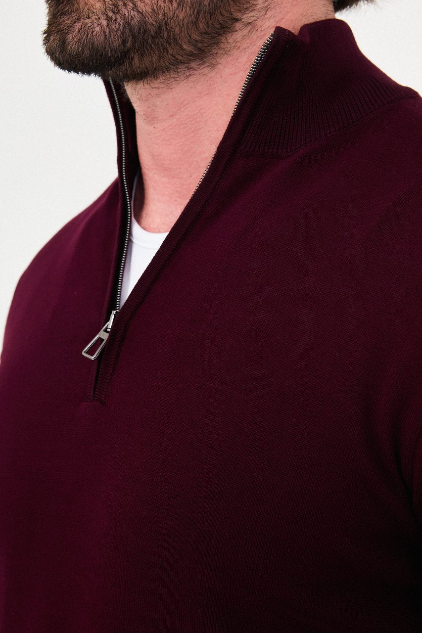 Men's burgundy textured crew neck knit sweater for fall winter menswear.