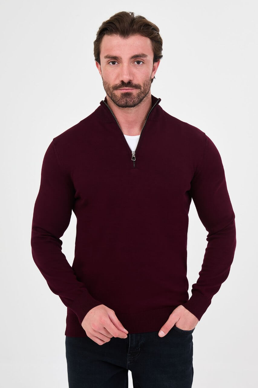 Men's burgundy textured crew neck knit sweater for fall winter menswear.