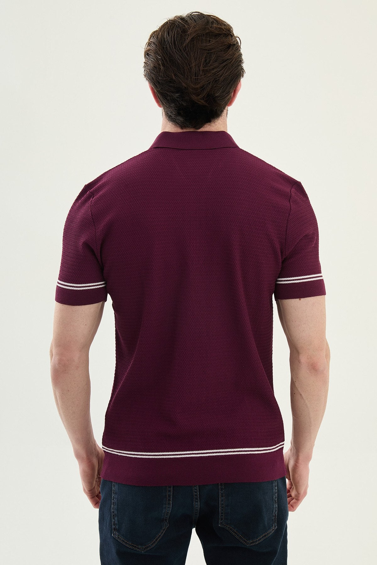 Men wearing a burgundy slim-fit quarter-zip polo T-shirt with short sleeves, styled for a modern summer casual outfit.