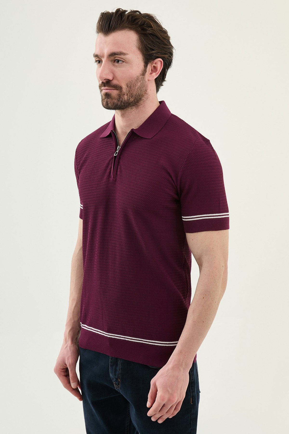 Men wearing a burgundy slim-fit quarter-zip polo T-shirt with short sleeves, styled for a modern summer casual outfit.