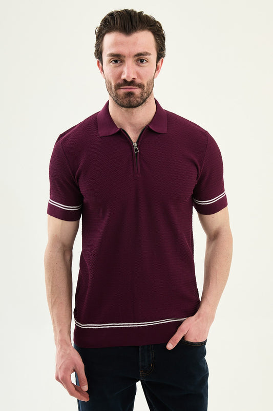 Men wearing a burgundy slim-fit quarter-zip polo T-shirt with short sleeves, styled for a modern summer casual outfit.