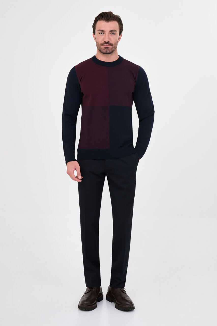 Men's navy blue and burgundy colour-block cashmere crew neck sweater.