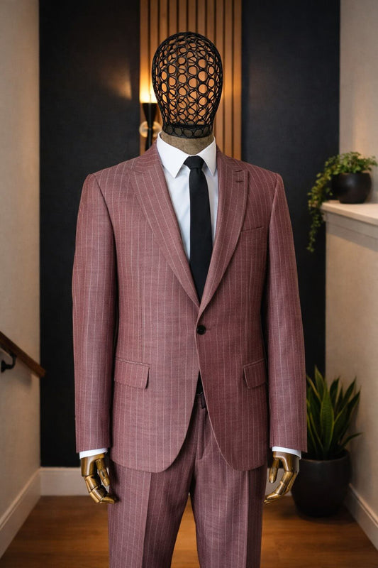Burgundy pinstripe slim fit suit front view
