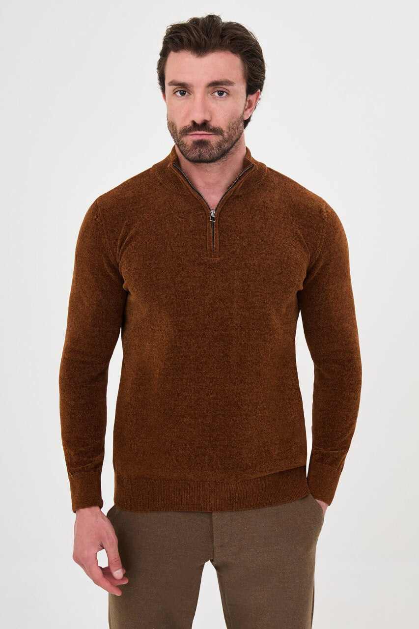 Men's camel zip collar knit sweater for fall winter smart casual styling
