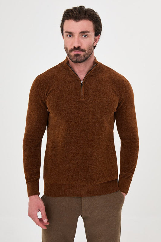 Men's camel zip collar knit sweater for fall winter smart casual styling