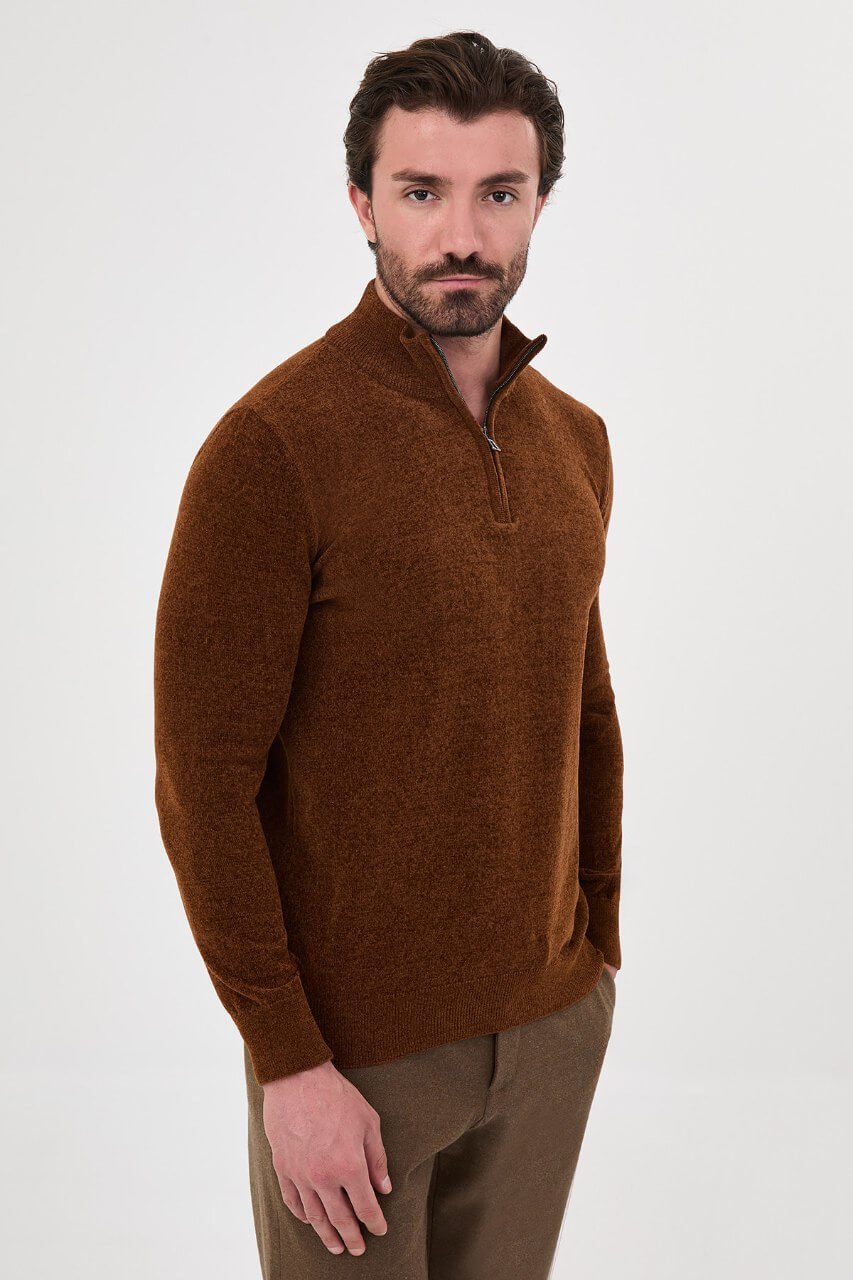 Men's camel zip collar knit sweater for fall winter smart casual styling