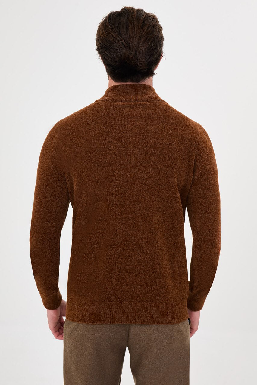 Men's camel zip collar knit sweater for fall winter smart casual styling