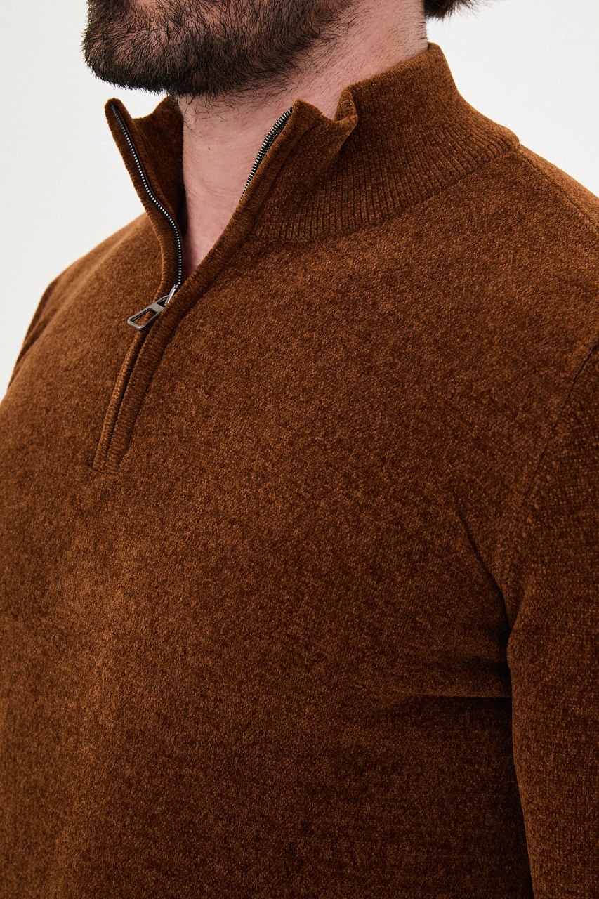 Men's camel zip collar knit sweater for fall winter smart casual styling