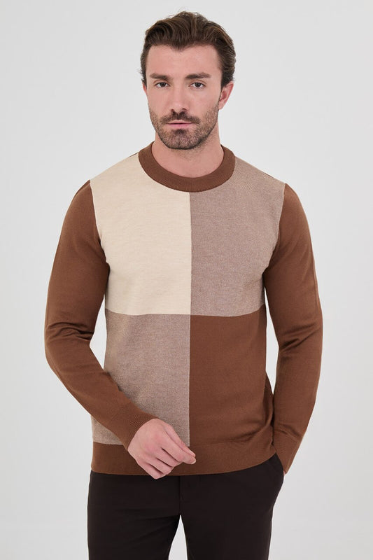 Men's camel colour-block cashmere crew neck sweater with beige panels.