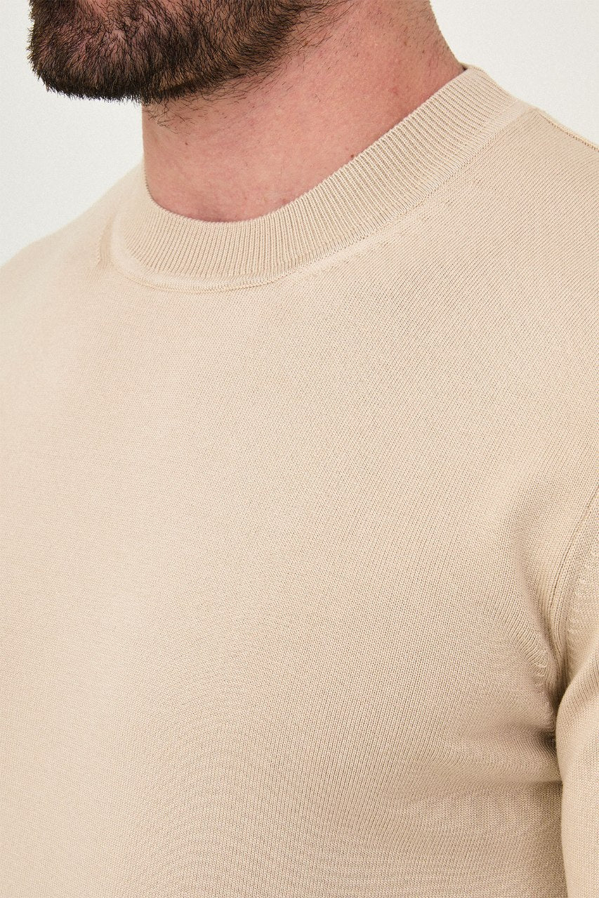 Men’s beige crew neck knit sweater with cotton stretch fabric for fall winter smart casual style