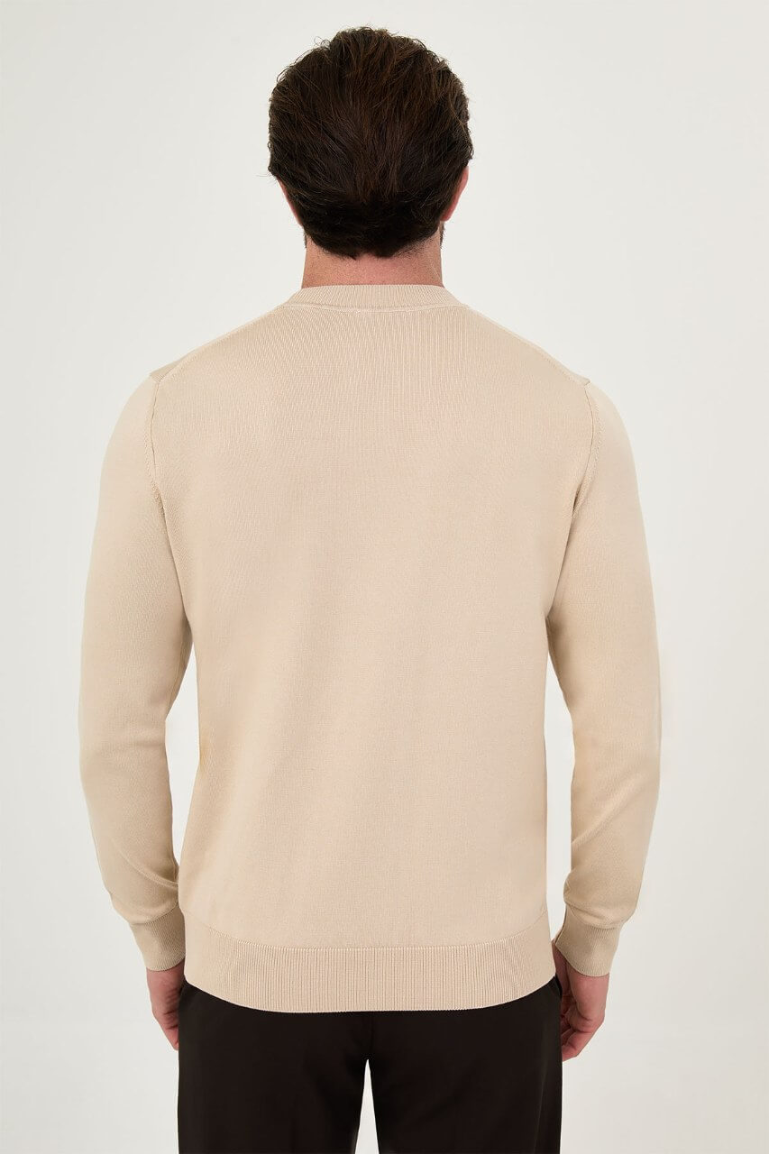 Men’s beige crew neck knit sweater with cotton stretch fabric for fall winter smart casual style