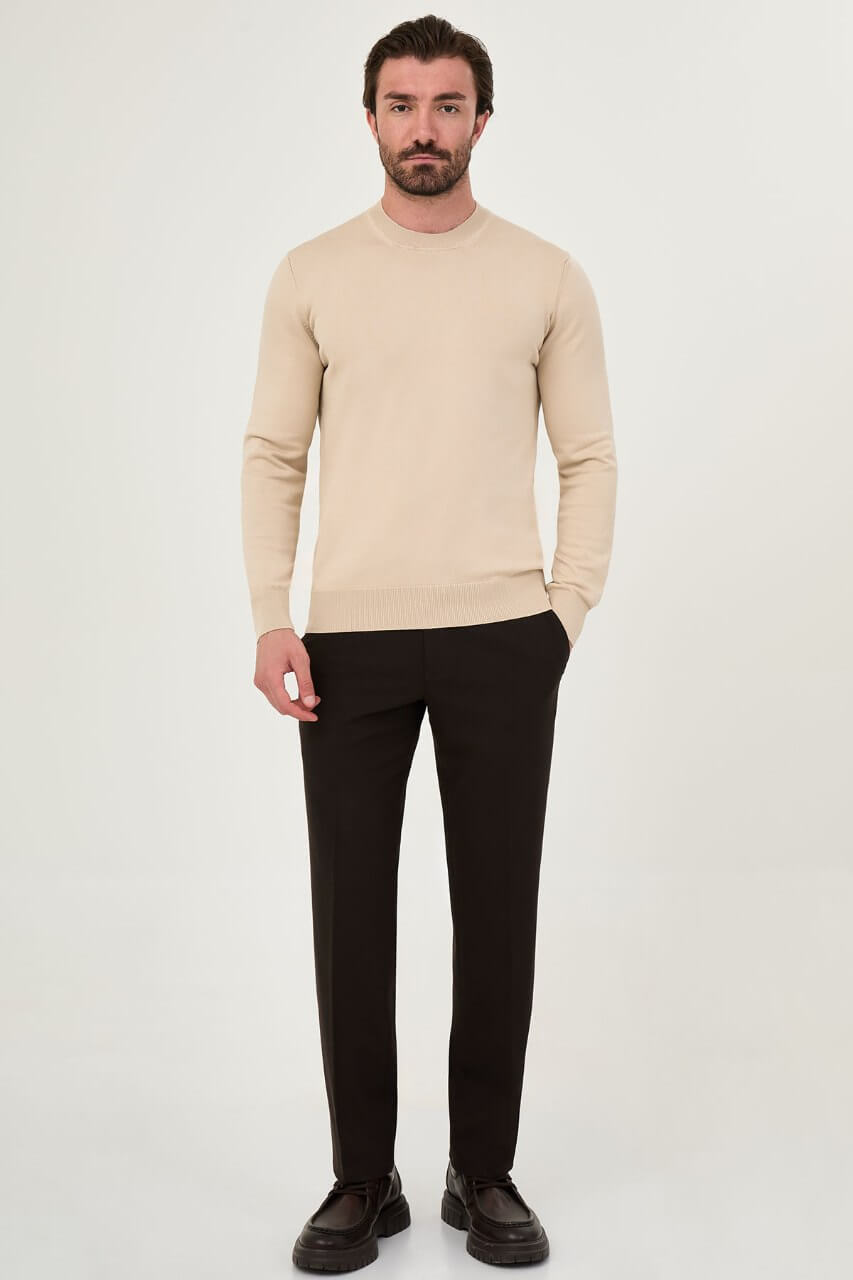 Men’s beige crew neck knit sweater with cotton stretch fabric for fall winter smart casual style