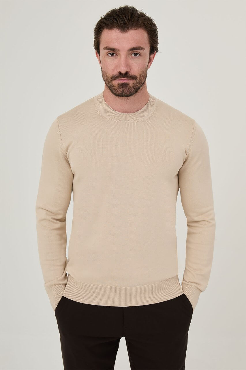 Men’s beige crew neck knit sweater with cotton stretch fabric for fall winter smart casual style