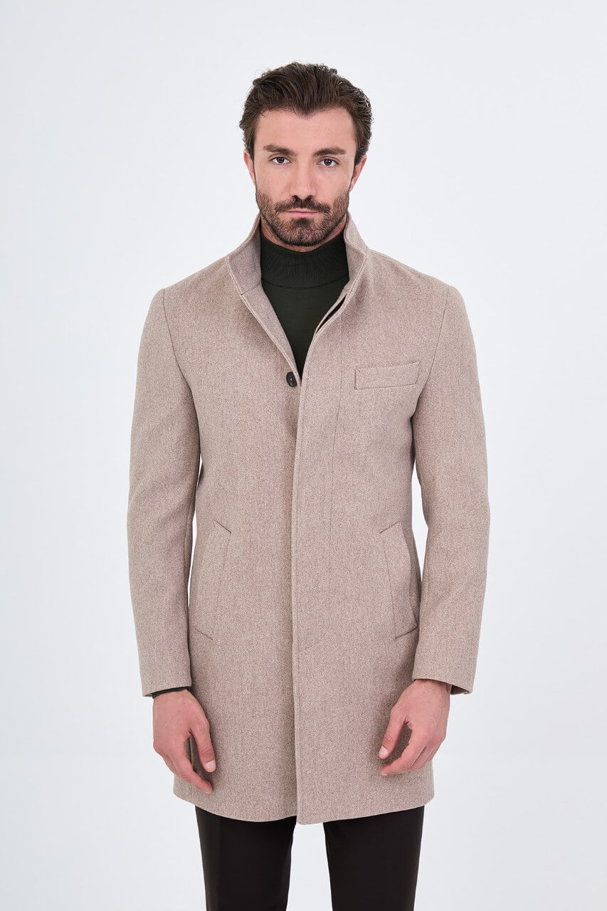 HolloMen beige winter overcoat featuring a raised stand collar, button closure, and tailored silhouette.