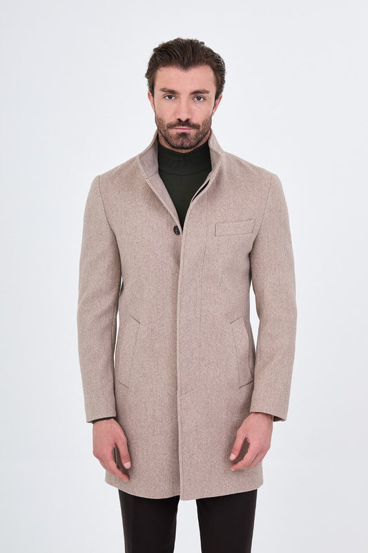 HolloMen beige winter overcoat featuring a raised stand collar, button closure, and tailored silhouette.