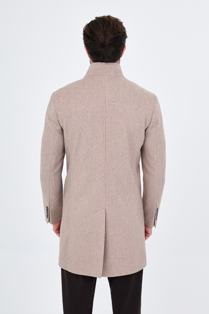 HolloMen beige winter overcoat featuring a raised stand collar, button closure, and tailored silhouette.