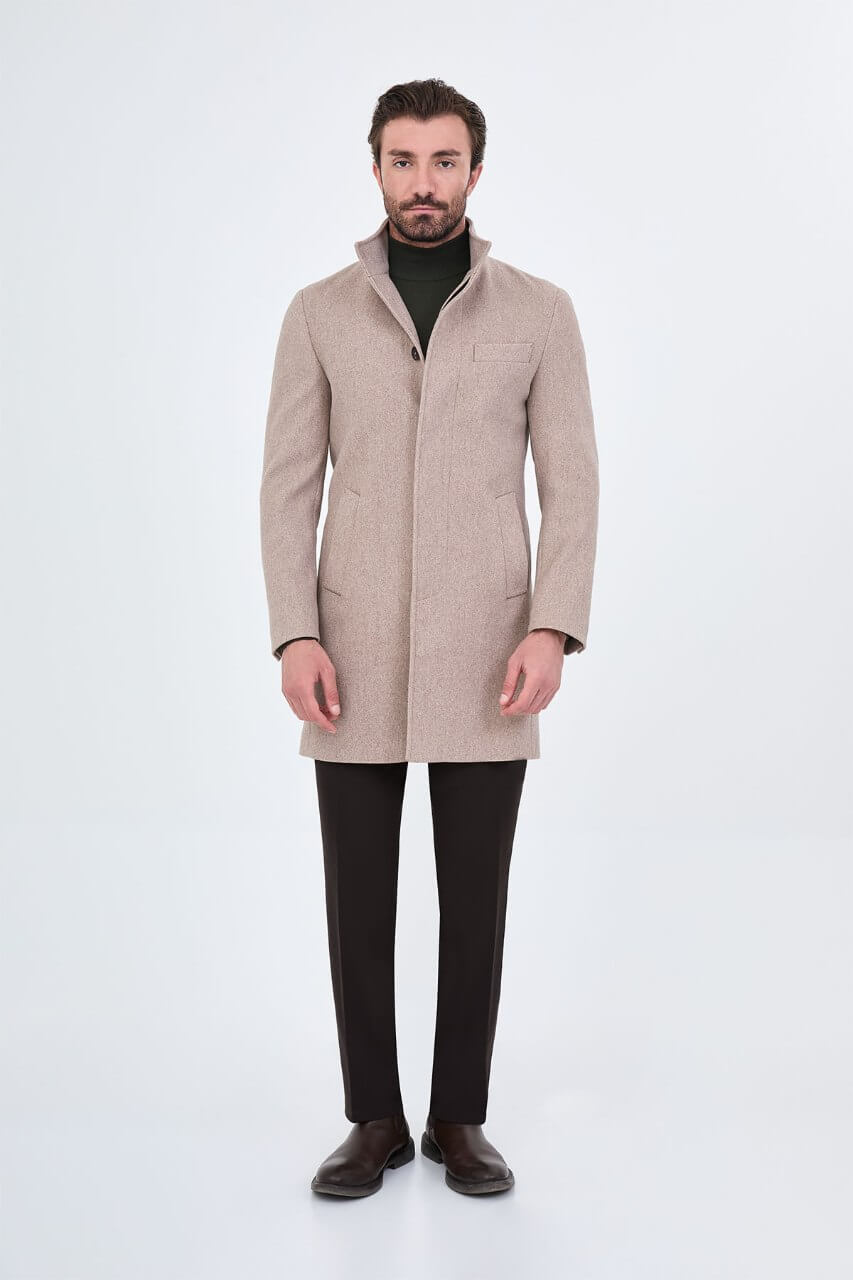 HolloMen beige winter overcoat featuring a raised stand collar, button closure, and tailored silhouette.