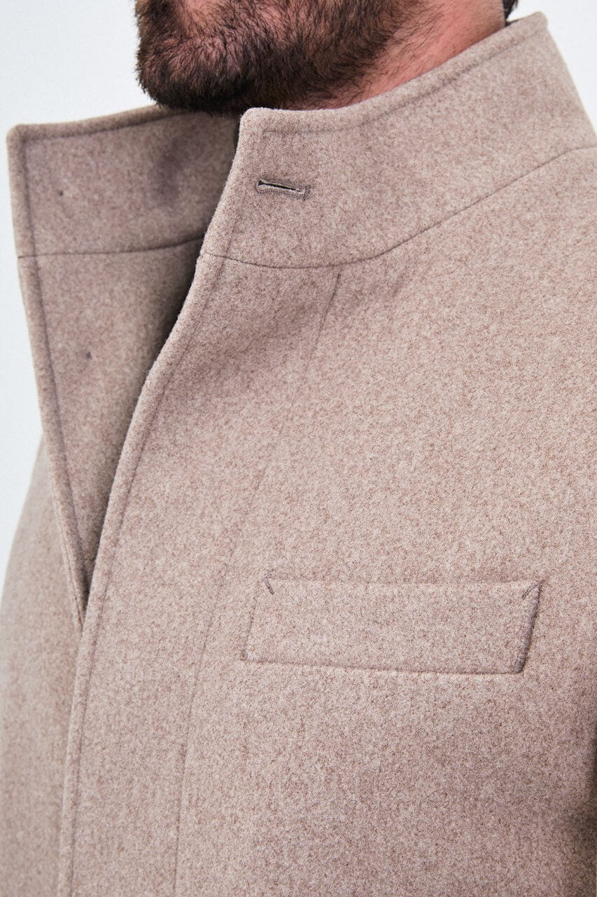 HolloMen beige winter overcoat featuring a raised stand collar, button closure, and tailored silhouette.