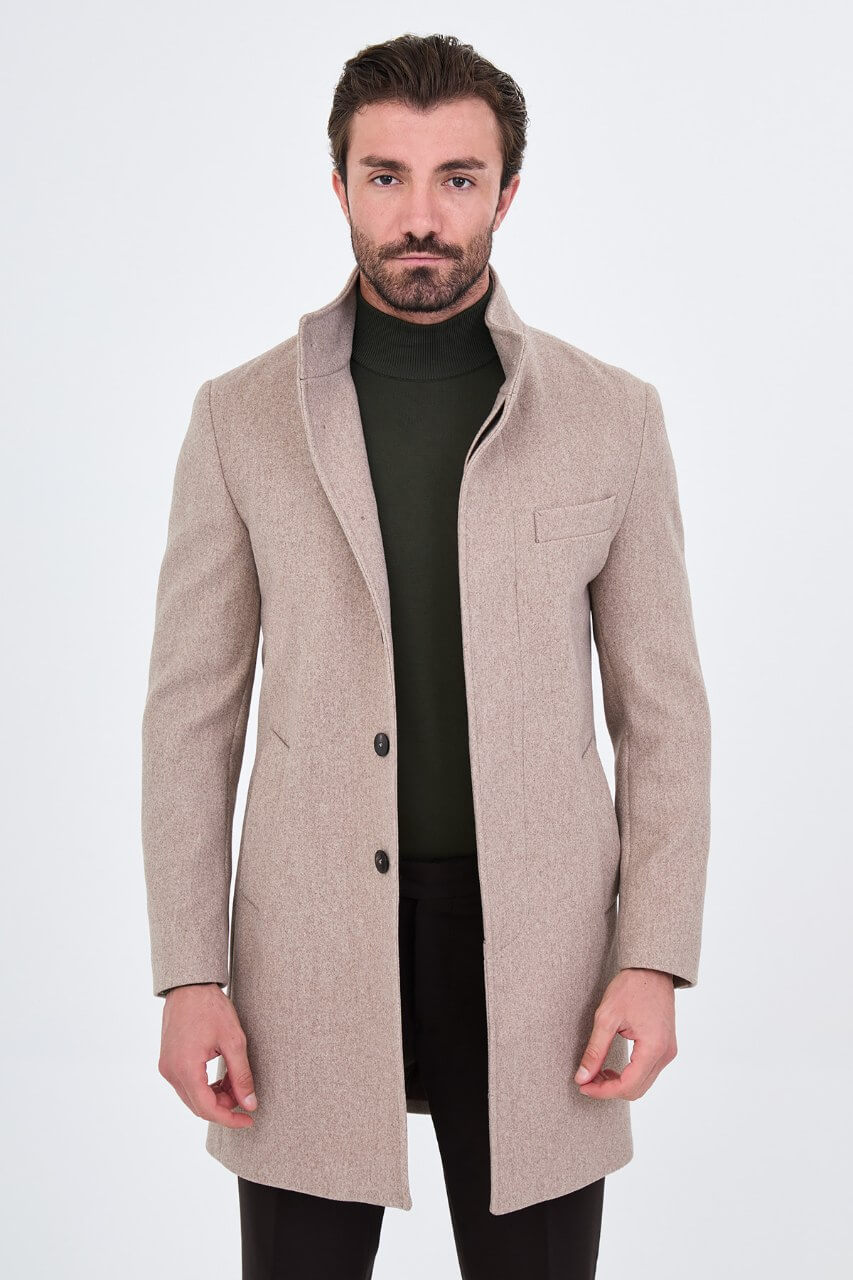 HolloMen beige winter overcoat featuring a raised stand collar, button closure, and tailored silhouette.