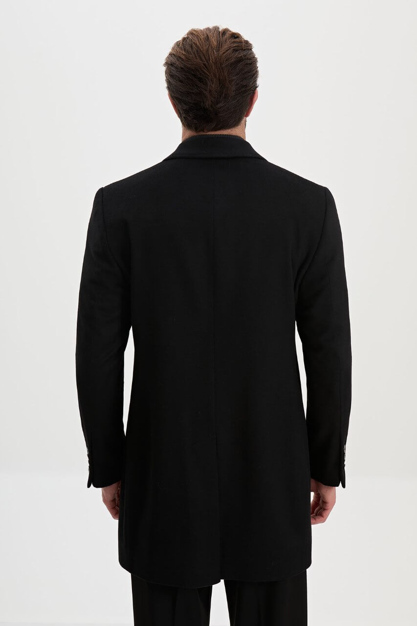 HolloMen men's black wool-blend overcoat with notch lapels, three-button fastening, and tailored silhouette.