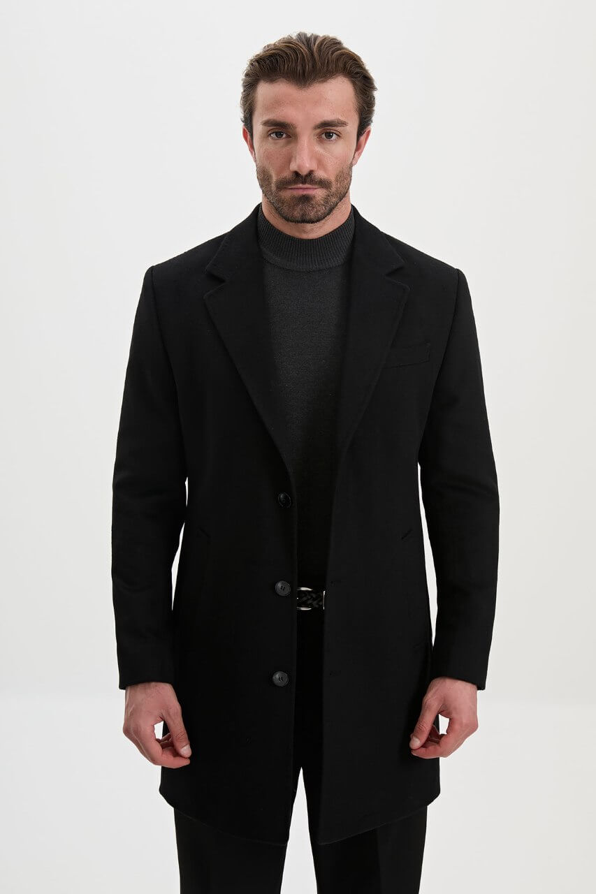 HolloMen men's black wool-blend overcoat with notch lapels, three-button fastening, and tailored silhouette.