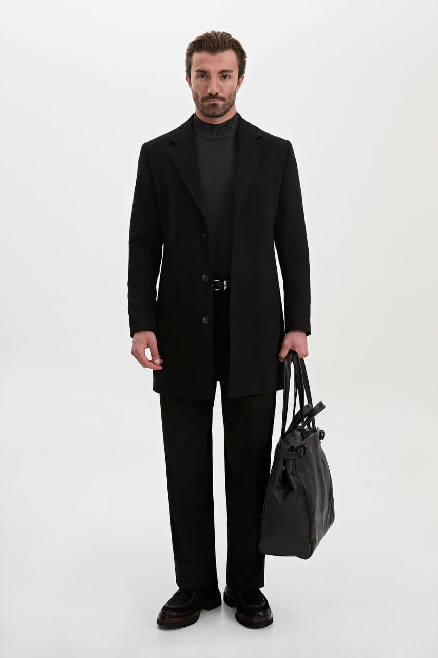 HolloMen men's black wool-blend overcoat with notch lapels, three-button fastening, and tailored silhouette.