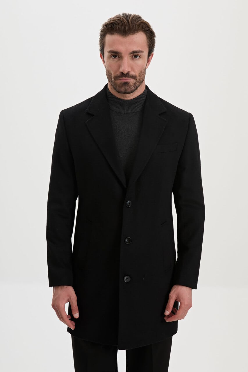 HolloMen men's black wool-blend overcoat with notch lapels, three-button fastening, and tailored silhouette.