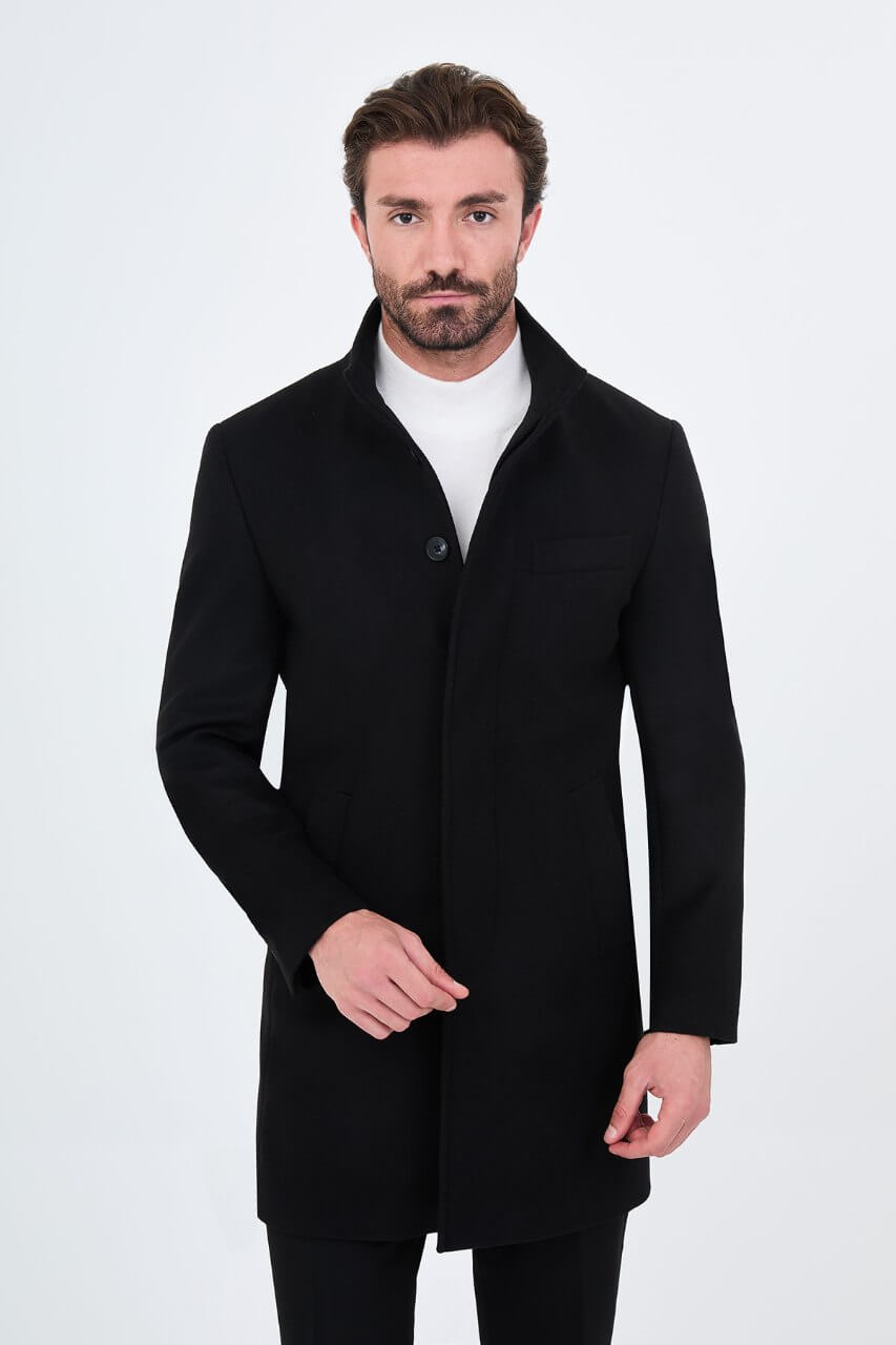HolloMen black wool blend overcoat featuring a raised stand collar and button-front design.