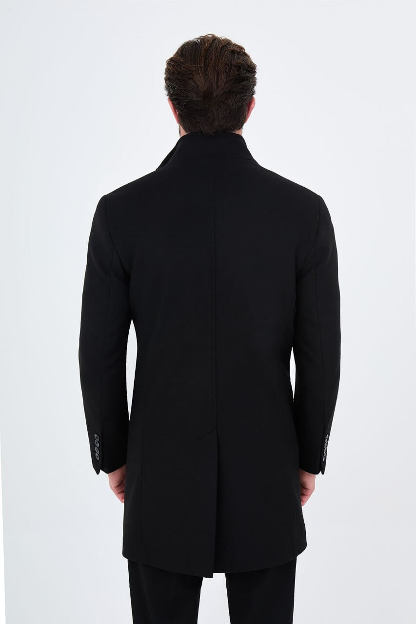 HolloMen black wool blend overcoat featuring a raised stand collar and button-front design.