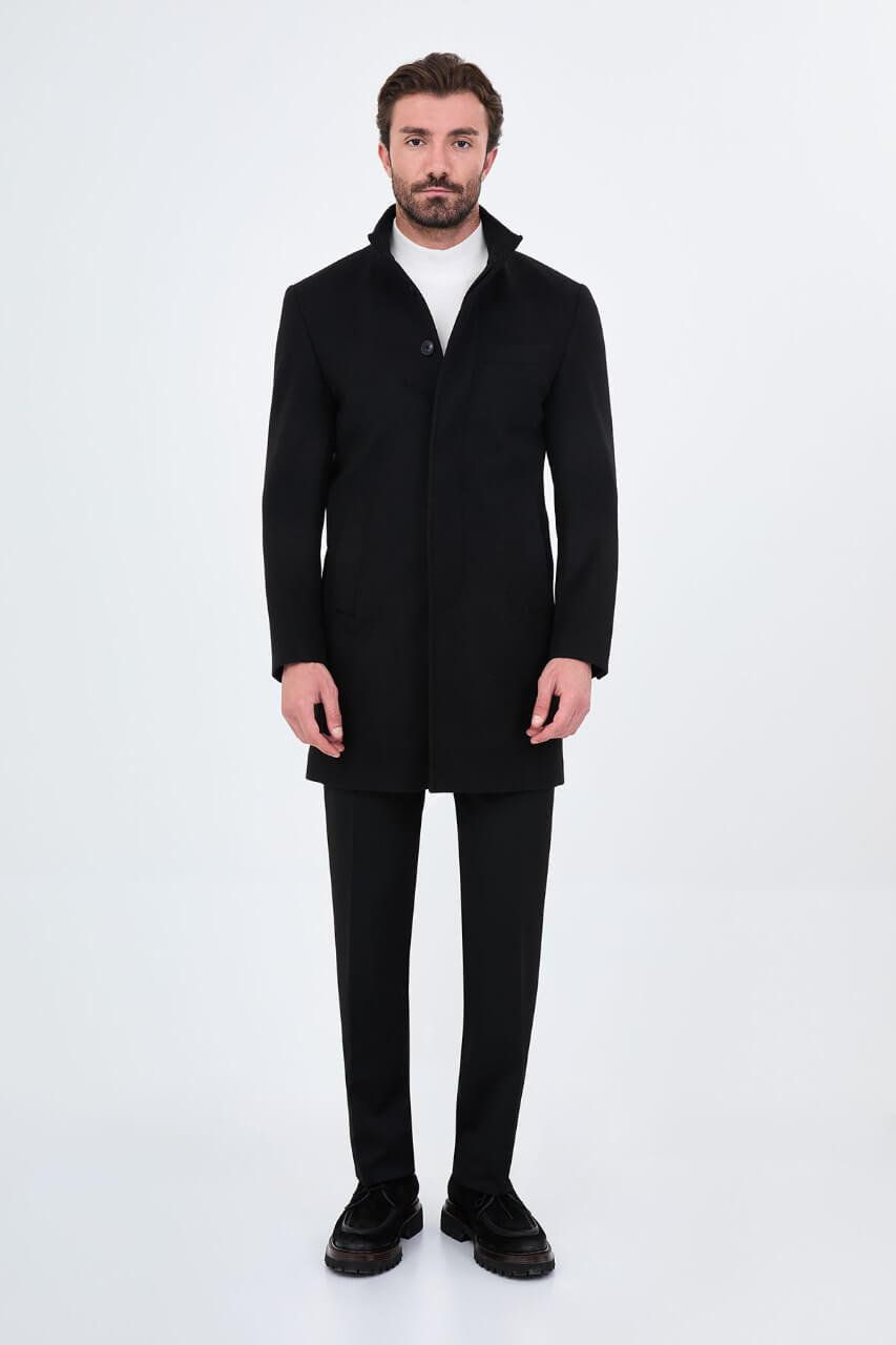 HolloMen black wool blend overcoat featuring a raised stand collar and button-front design.