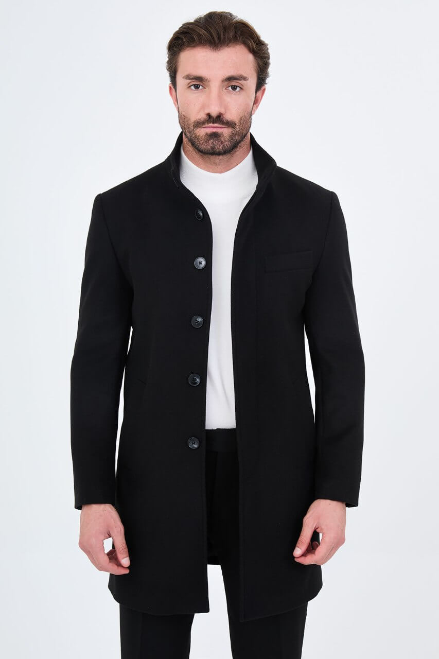 HolloMen black wool blend overcoat featuring a raised stand collar and button-front design.
