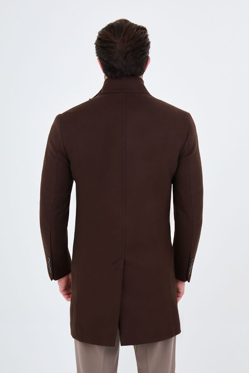 HolloMen men's brown winter overcoat featuring a raised collar, tailored silhouette, and side pockets.
