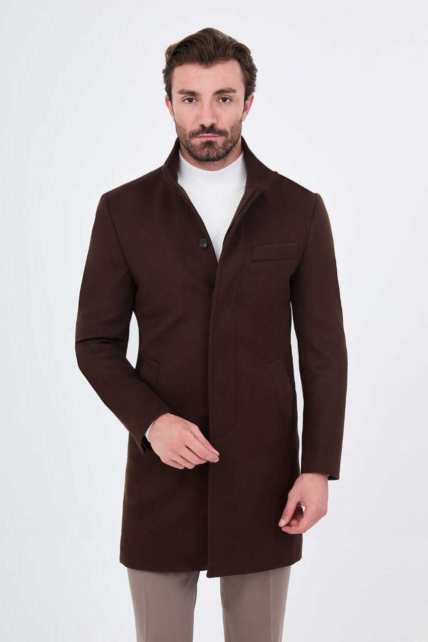 HolloMen men's brown winter overcoat featuring a raised collar, tailored silhouette, and side pockets.